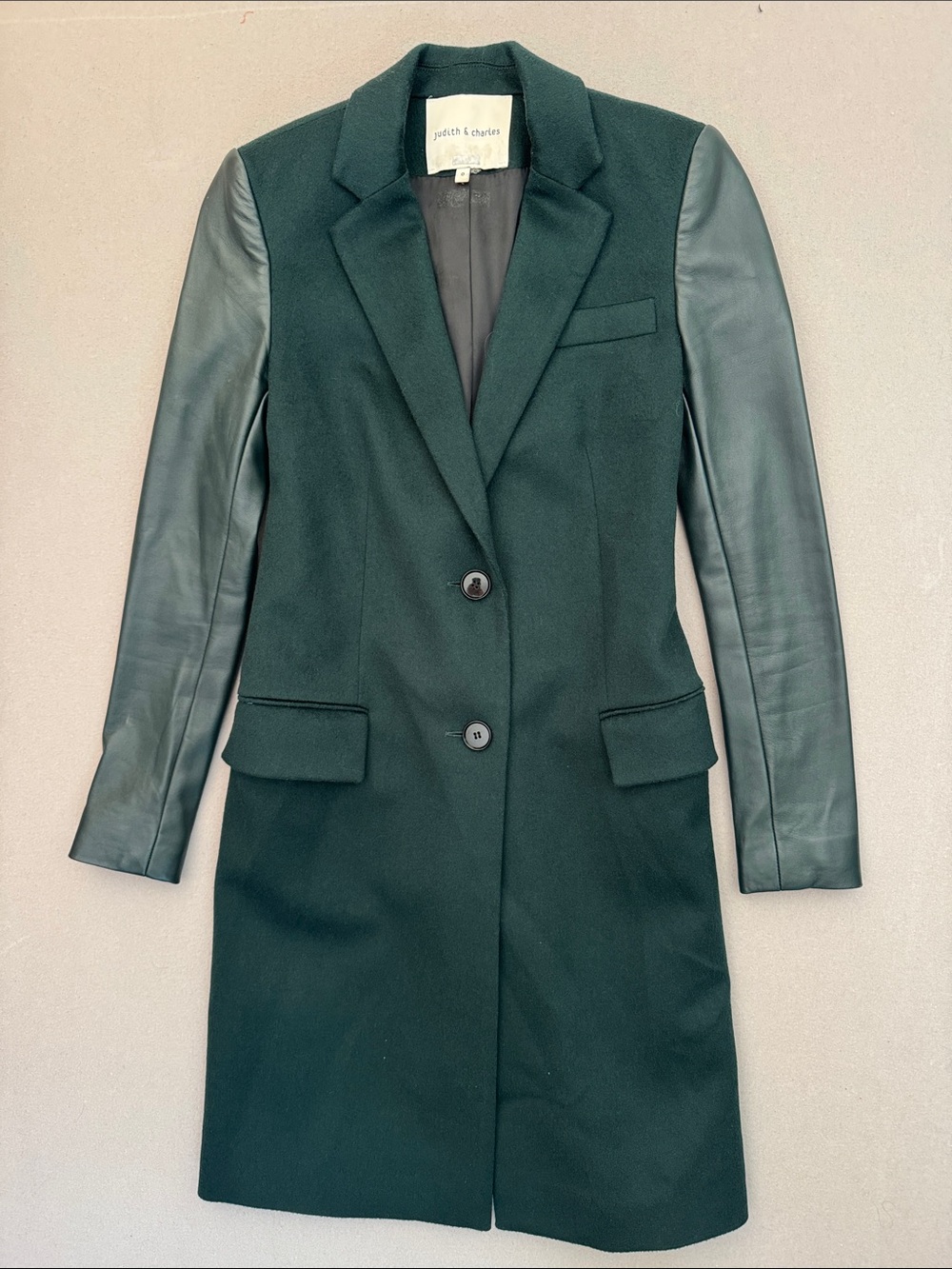 Judith & Charles Green Wool/Cashmere Coat with Leather Sleeves Worn Onscreen